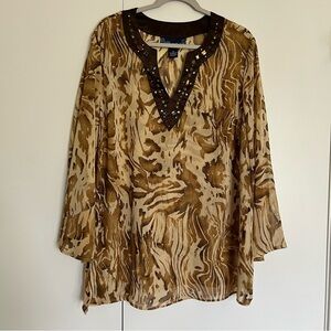 Susan Graver Sheer Brown Animal Print Embellished V-neck Tunic Blouse size 1X